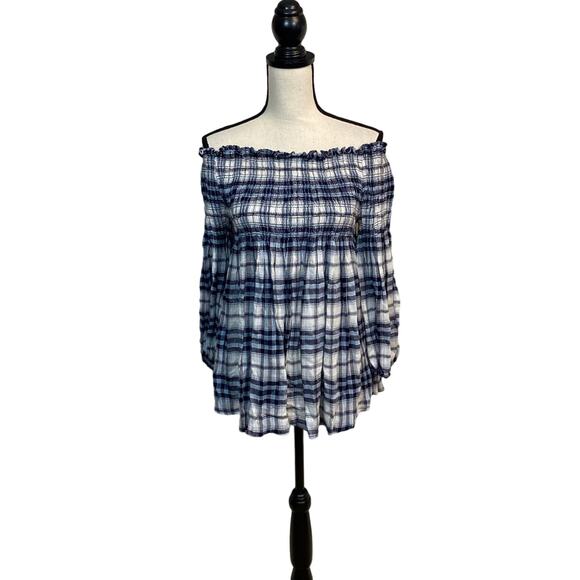Altar’d State Off the Shoulder Smocked Plaid Babydoll Y2K Top Size Small - Picture 1 of 6